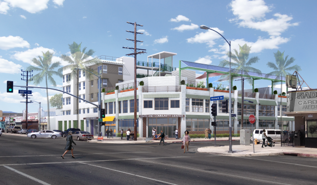 A rendering photo of an intersection with a new development building on the corner.